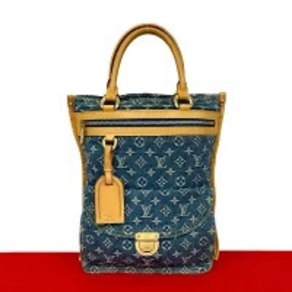 LOUIS VUITTON Flat Shopper Monogram Denim Leather Tote Bag Handbag Blue Beige